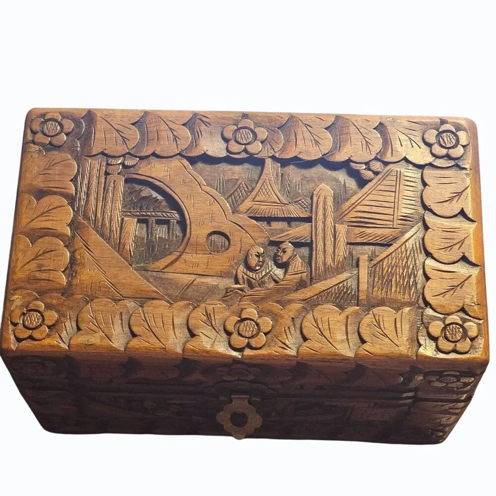 Vintage Intricate Carved Asian Decorative Dresser Jewelry Box Scenic Masculine